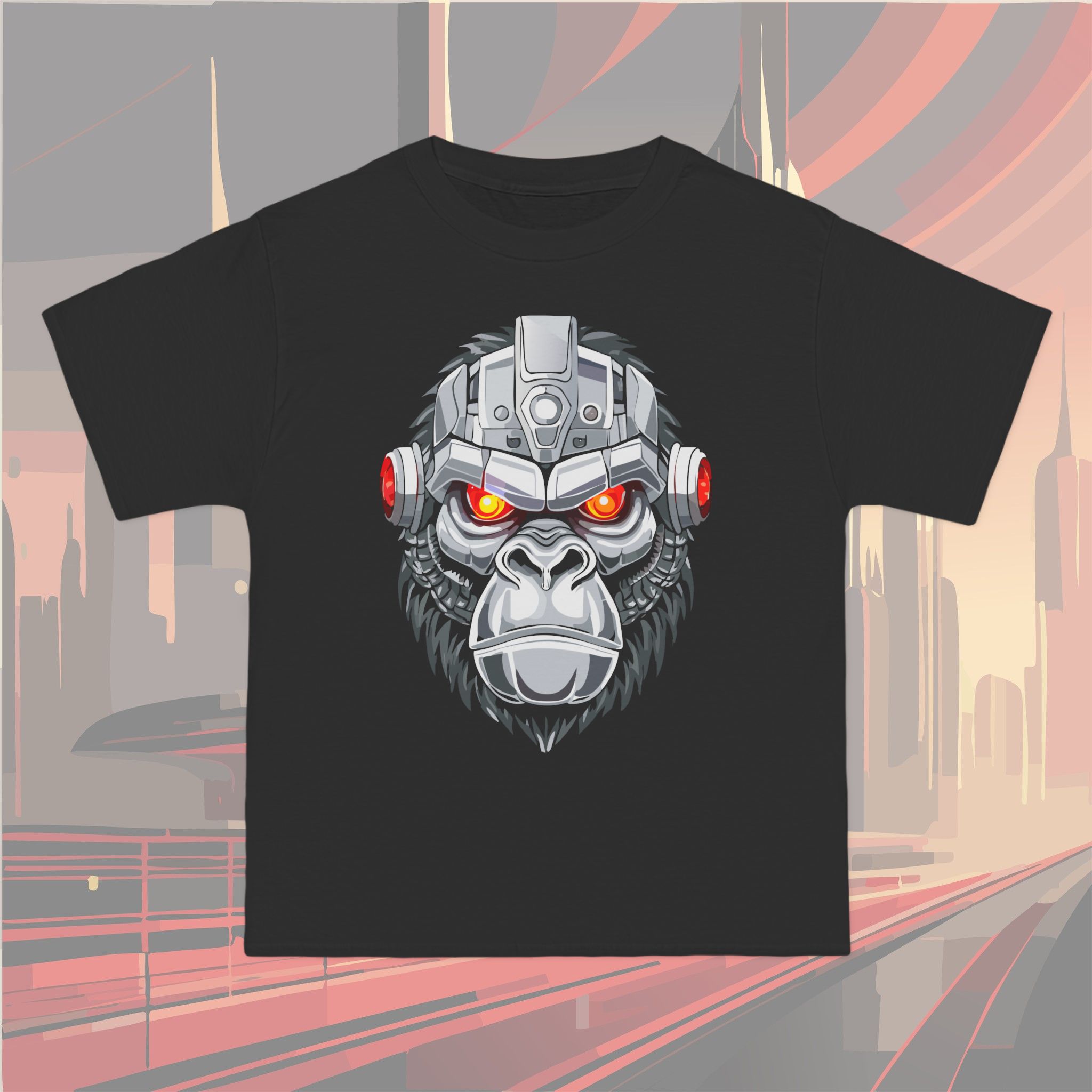 Cybernetic Gorilla Face T-Shirt - Black Tee with Robotic Primal Power